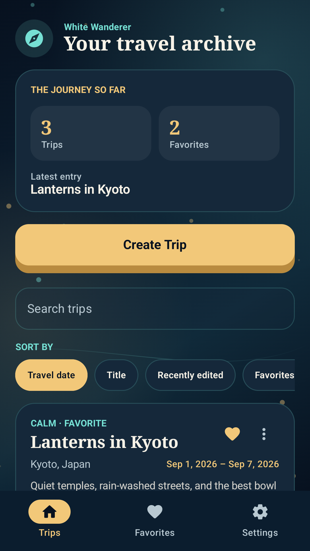 White Wanderer trip archive screen